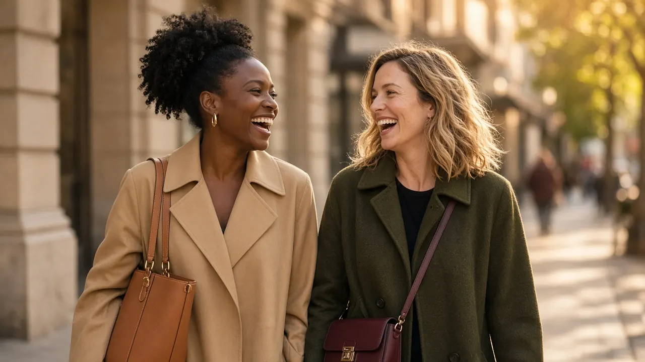 Two friends laughing on a city sidewalk, one with a structured tan tote, the other with a small burgundy crossbody