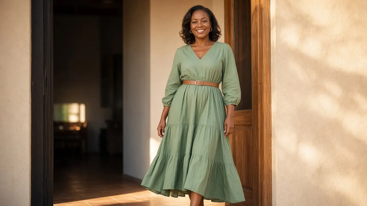 A woman in a sage midi dress cinched with a slim tan leather belt, smiling in a sunny doorway