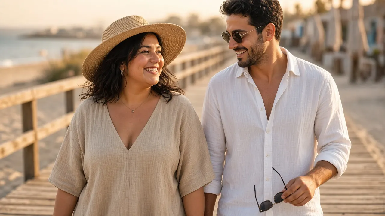 Two friends on a beach boardwalk, one in a wide-brim straw hat, the other holding sunglasses