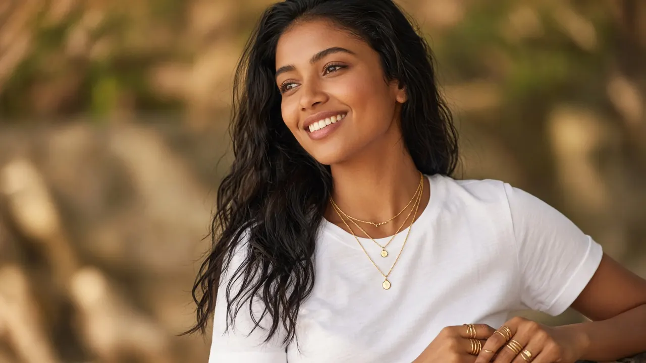 A smiling woman in a white tee wearing three layered gold necklaces of different lengths