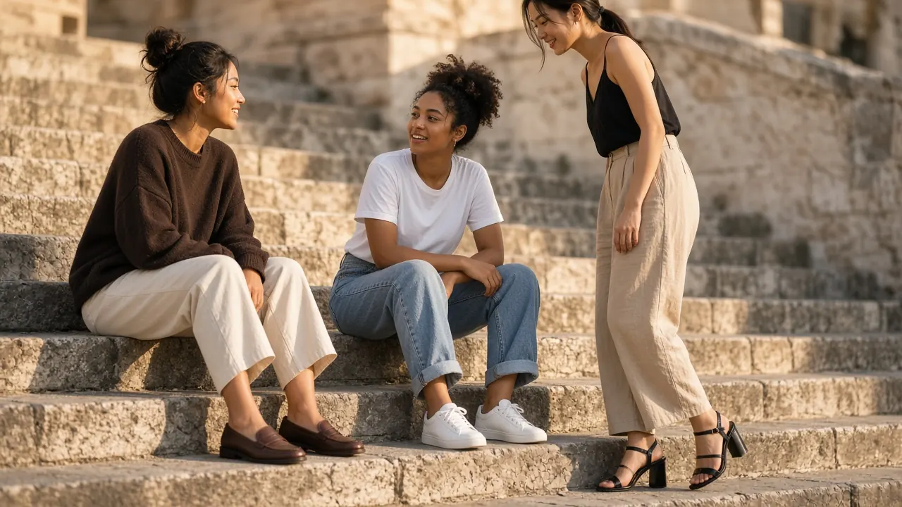 Three friends on stone steps wearing loafers, white sneakers and block heels
