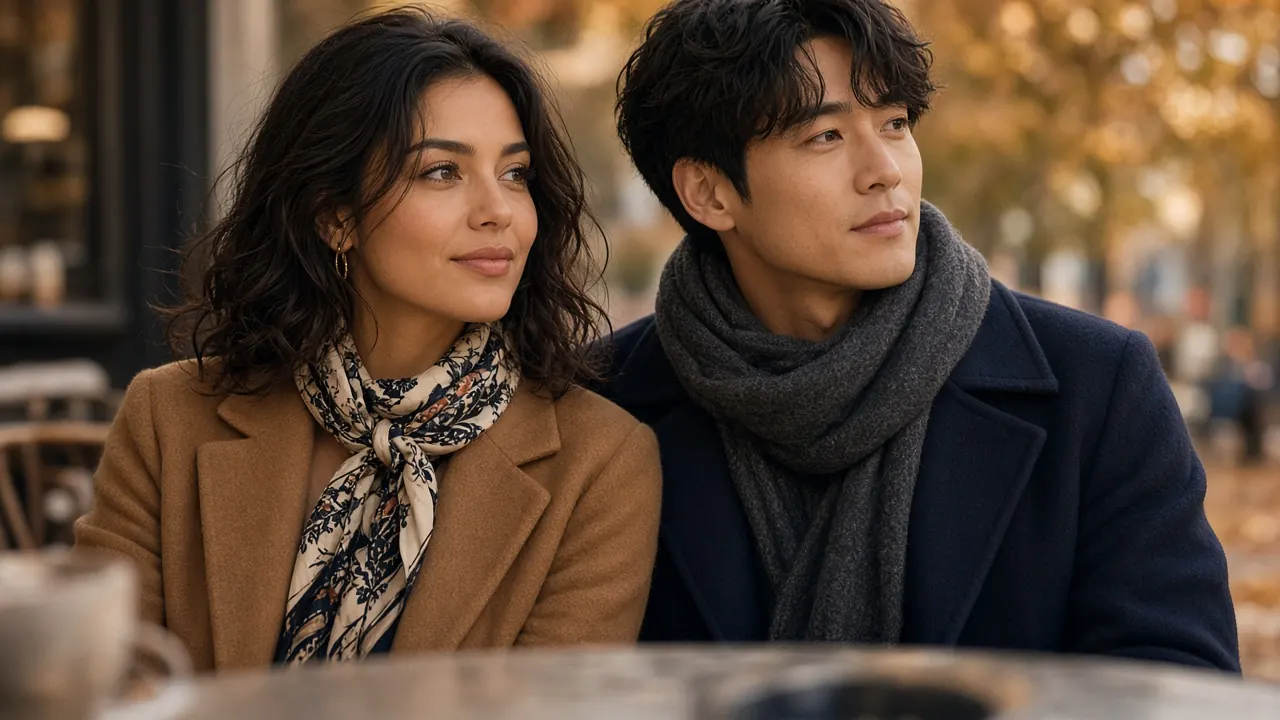 A couple at an outdoor cafe, she in a knotted silk neck scarf, he in a wool scarf looped over a coat